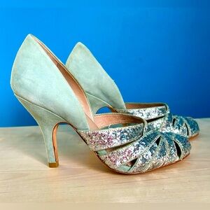 Miss Albright Specialty Mint Suede, Silver Glitter Heels, Size 6